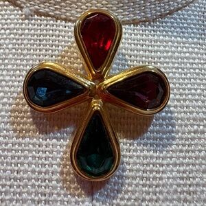 Vintage Swarovski Crystal Multi Color Elegant Gold-Tone Cross Brooch Pin